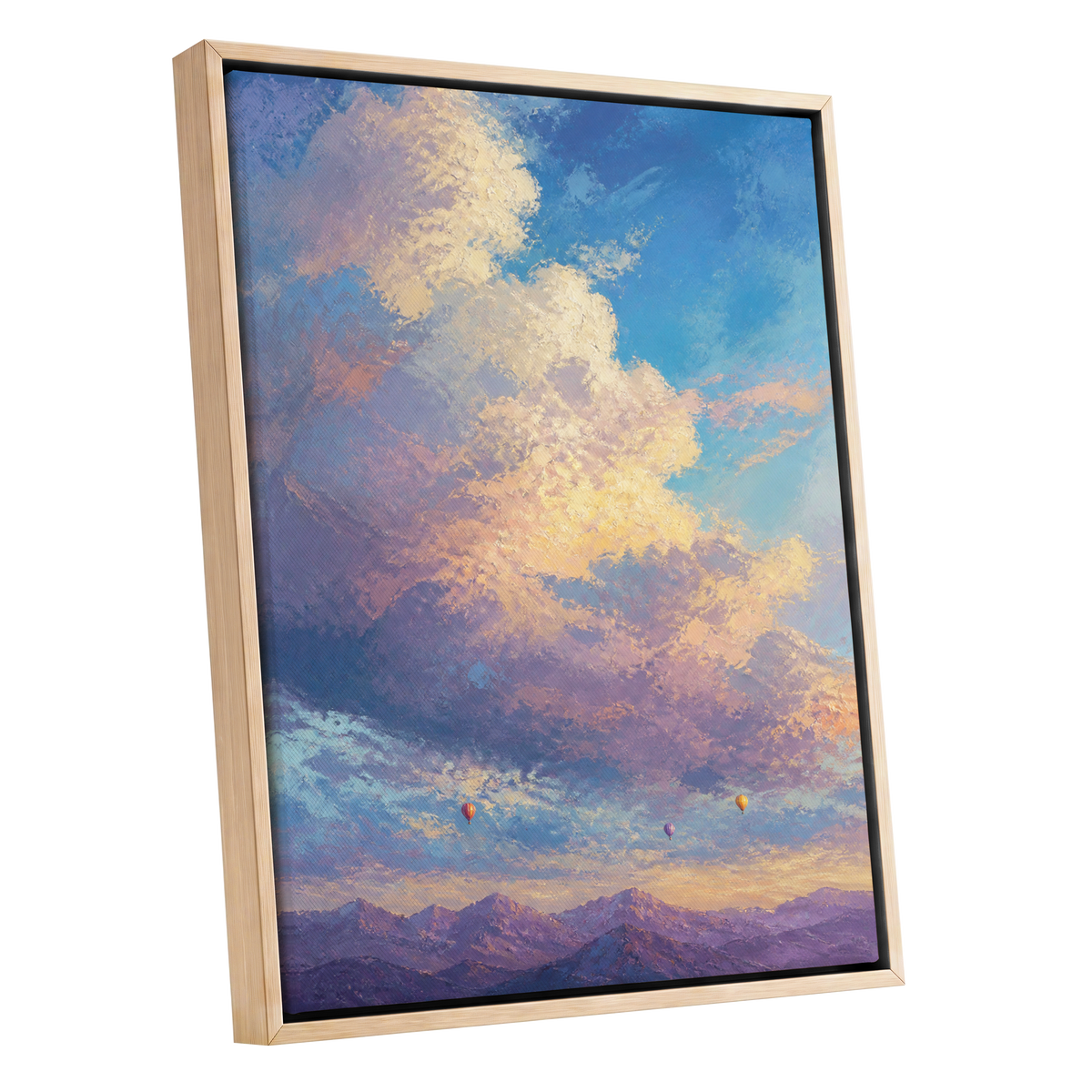 Balloons Beyond the Peaks, blue, purple, gold nature wall art shown as a oak framed canvas wall art