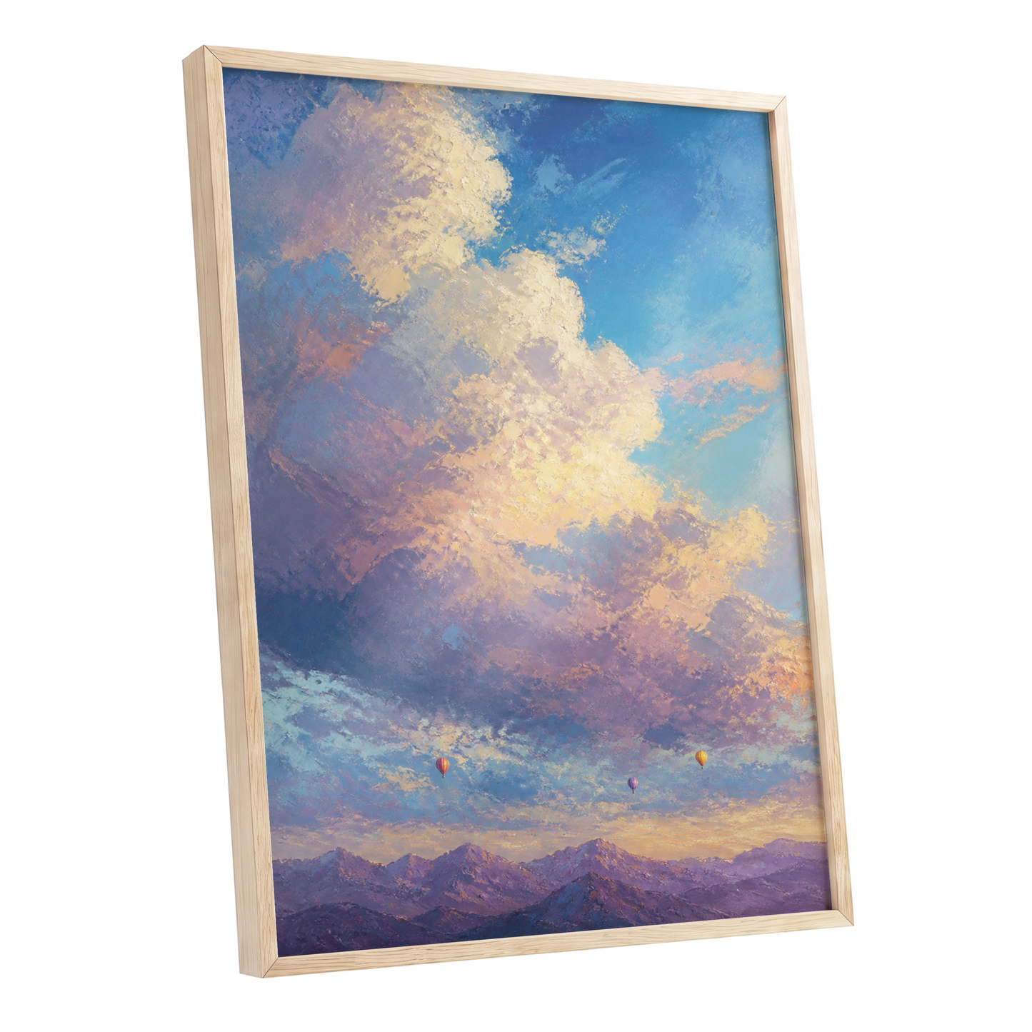 Balloons Beyond the Peaks, blue, purple, gold nature wall art shown as a oak framed poster wall art print