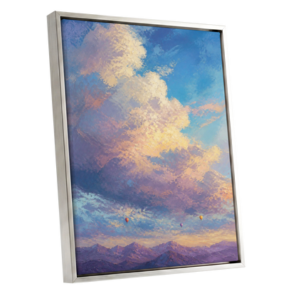 Balloons Beyond the Peaks, blue, purple, gold nature wall art shown as a silver framed canvas wall art