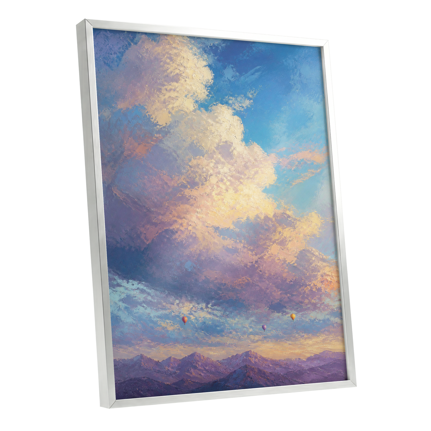 Balloons Beyond the Peaks, blue, purple, gold nature wall art shown as a silver framed poster wall art print