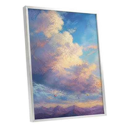 Balloons Beyond the Peaks, blue, purple, gold nature wall art shown as a silver framed poster wall art print