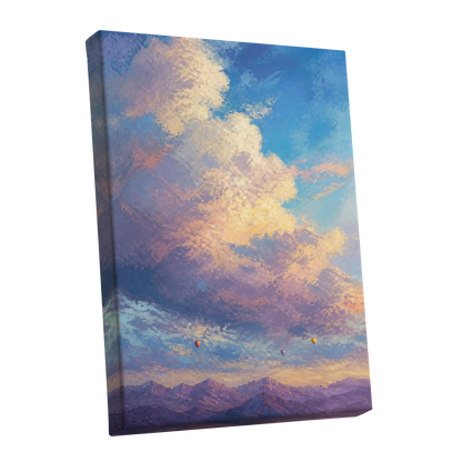 Balloons Beyond the Peaks, blue, purple, gold nature wall art shown as a stretched canvas wall art