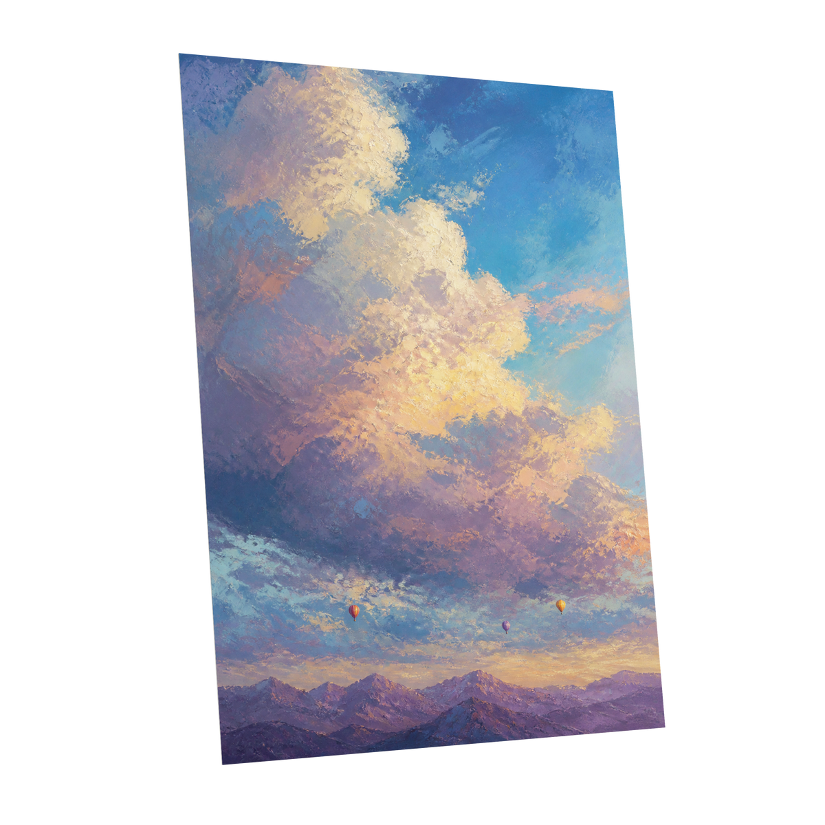 Balloons Beyond the Peaks, blue, purple, gold nature wall art shown as a unframed poster wall art print