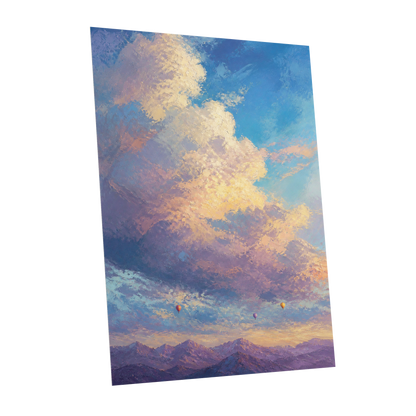 Balloons Beyond the Peaks, blue, purple, gold nature wall art shown as a unframed poster wall art print