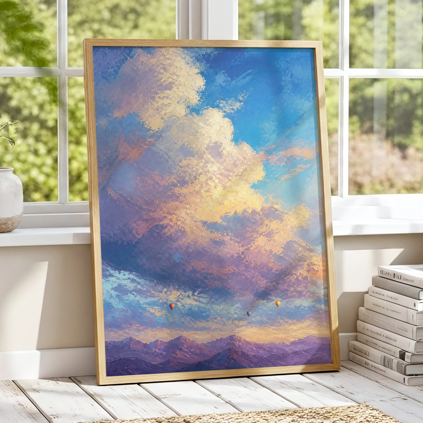 Balloons Beyond the Peaks, blue, purple, gold nature wall art displayed in a styled interior, gallery view 1