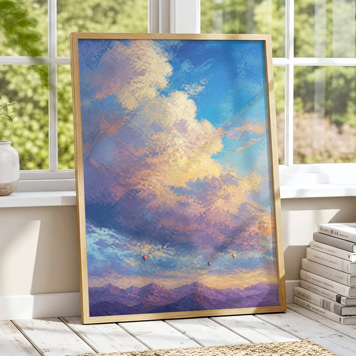 Balloons Beyond the Peaks, blue, purple, gold nature wall art displayed in a styled interior, gallery view 1