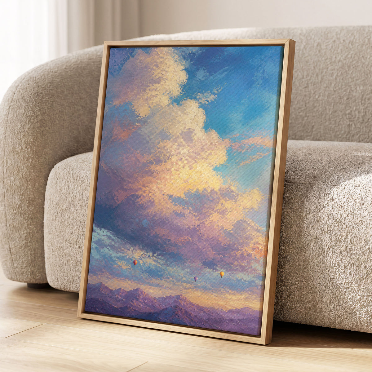 Balloons Beyond the Peaks, blue, purple, gold nature wall art displayed in a styled interior, gallery view 2