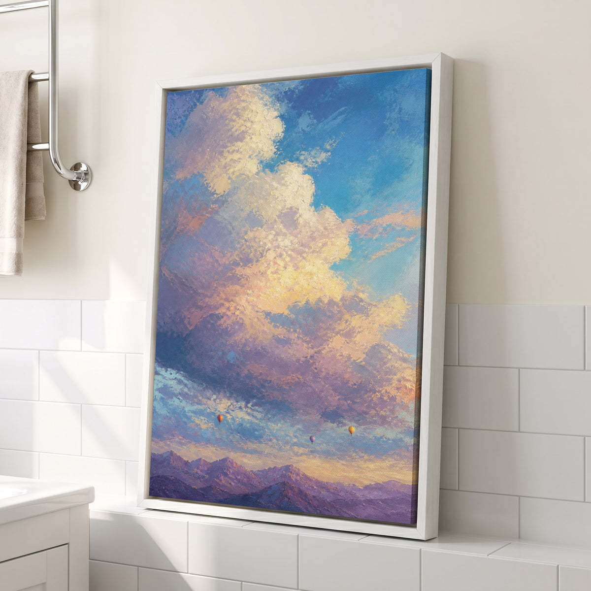 Balloons Beyond the Peaks, blue, purple, gold nature wall art displayed in a styled interior, gallery view 3