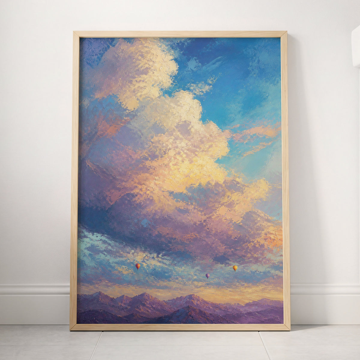 Balloons Beyond the Peaks, blue, purple, gold nature wall art displayed in a styled interior, gallery view 4