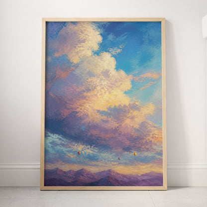 Balloons Beyond the Peaks, blue, purple, gold nature wall art displayed in a styled interior, gallery view 4