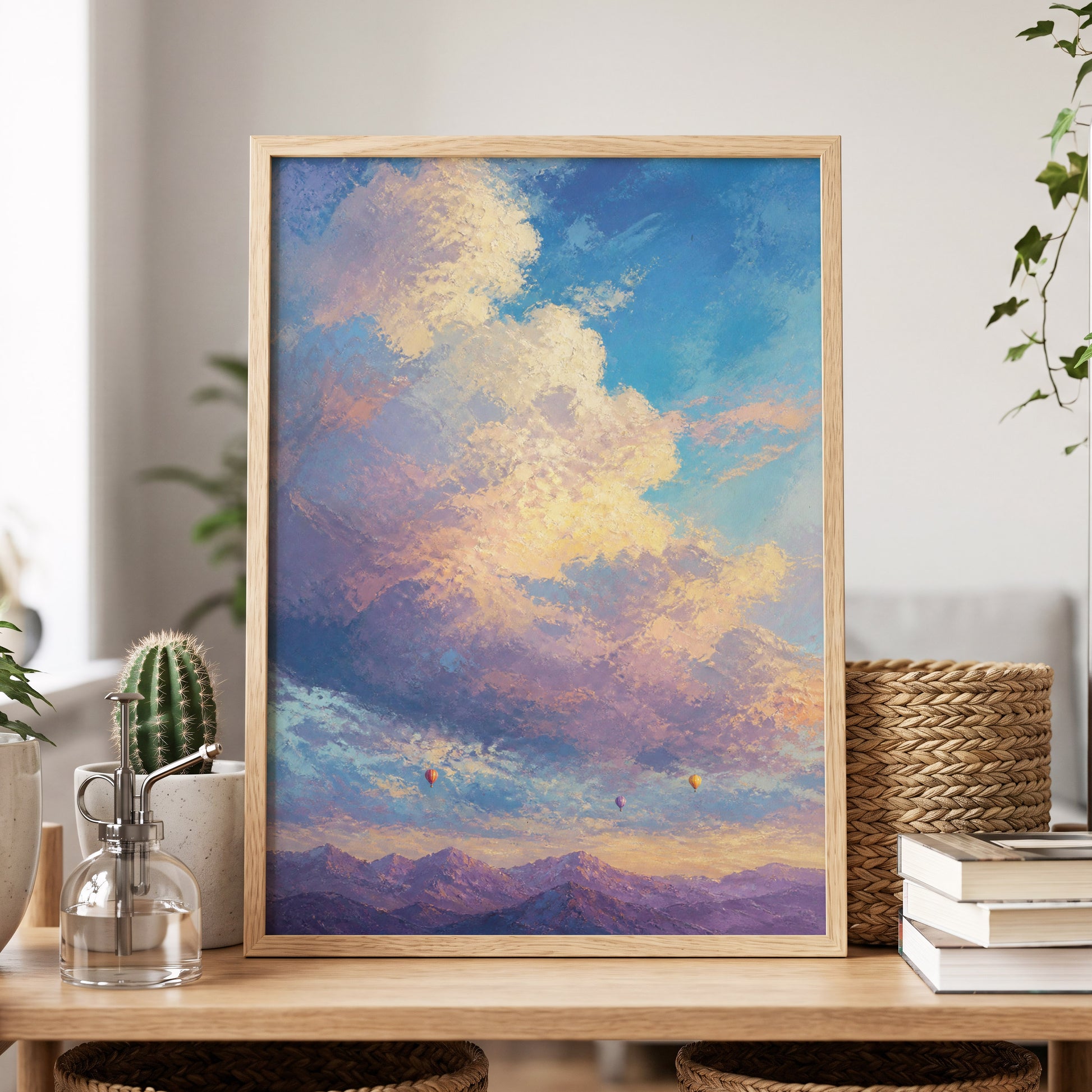 Balloons Beyond the Peaks, blue, purple, gold nature wall art displayed in a styled interior, gallery view 5