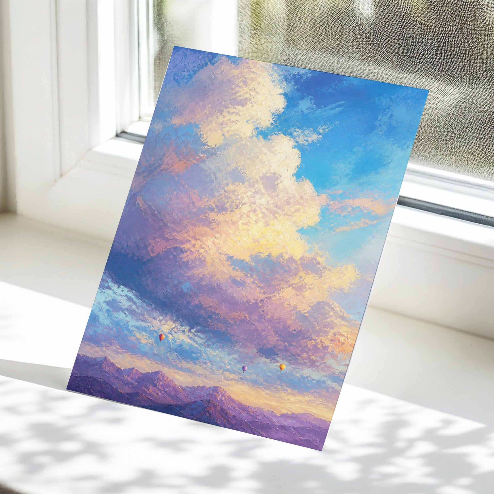 Balloons Beyond the Peaks, blue, purple, gold nature wall art displayed in a styled interior, gallery view 6