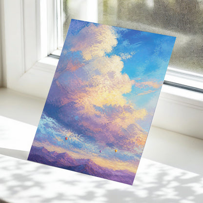Balloons Beyond the Peaks, blue, purple, gold nature wall art displayed in a styled interior, gallery view 6