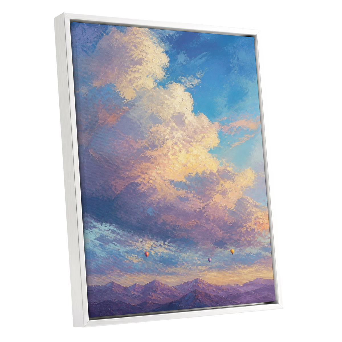 Balloons Beyond the Peaks, blue, purple, gold nature wall art shown as a white framed canvas wall art