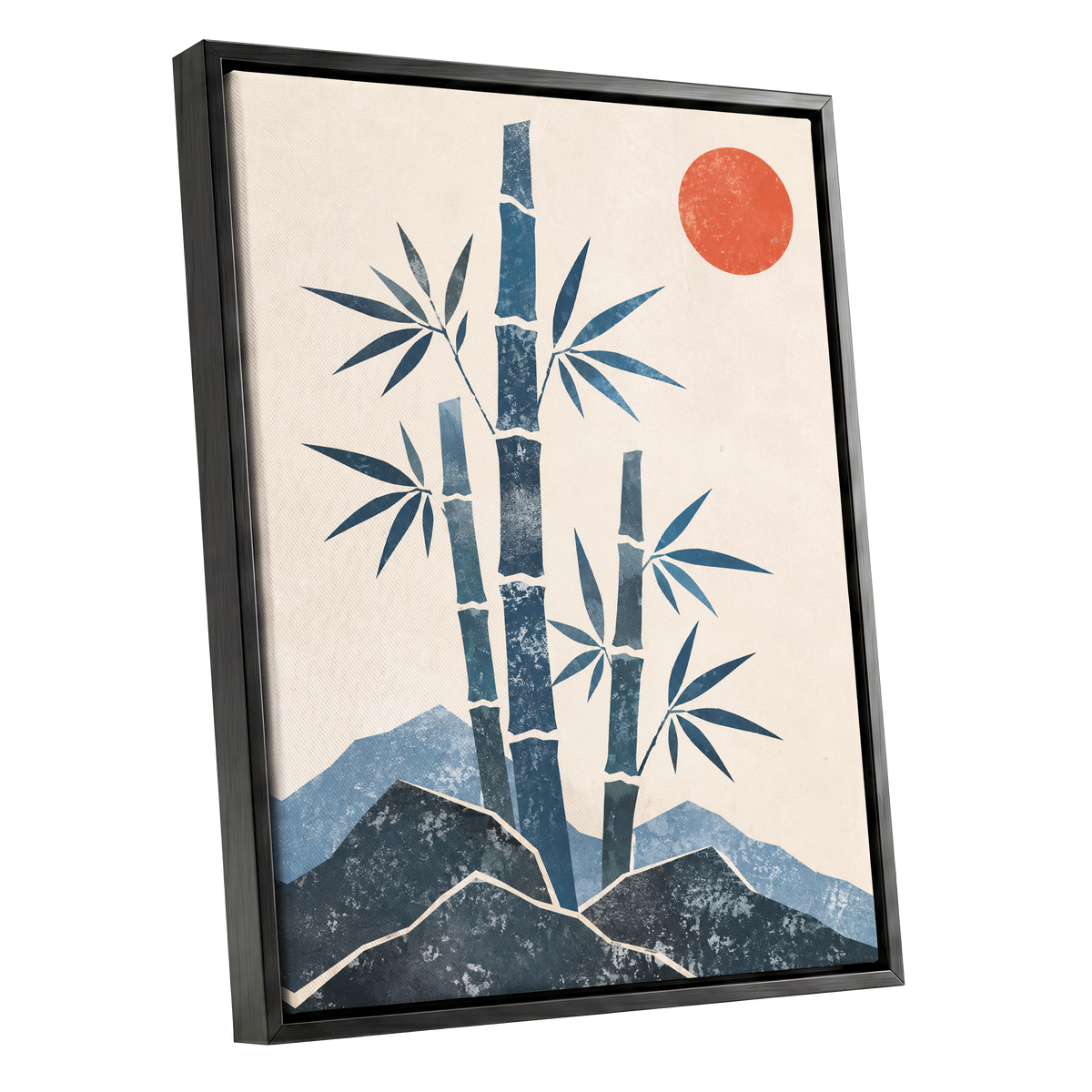 Bamboo at Sundown, blue, beige, orange nature wall art shown as a black framed canvas wall art