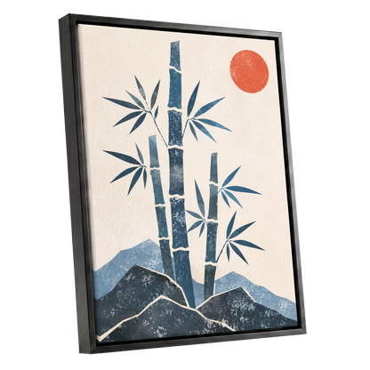 Bamboo at Sundown, blue, beige, orange nature wall art shown as a black framed canvas wall art