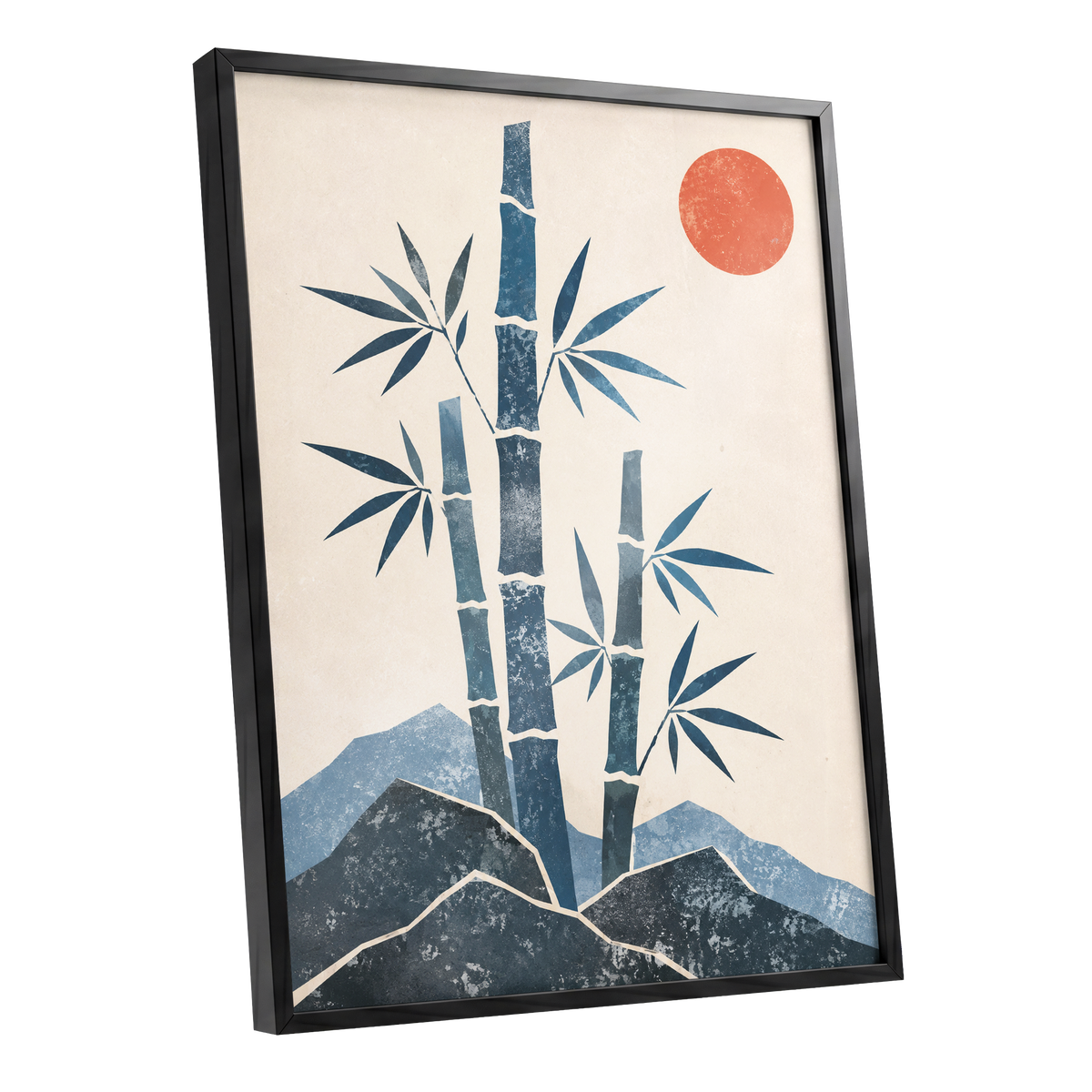 Bamboo at Sundown, blue, beige, orange nature wall art shown as a black framed poster wall art print