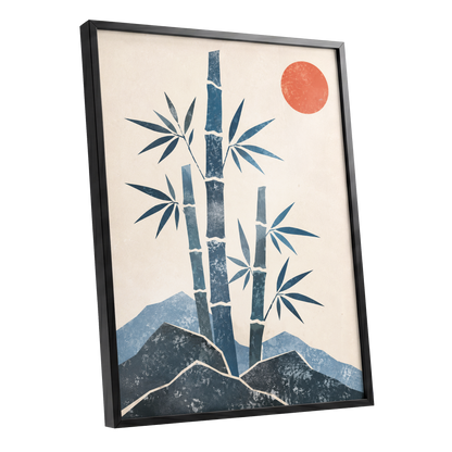 Bamboo at Sundown, blue, beige, orange nature wall art shown as a black framed poster wall art print