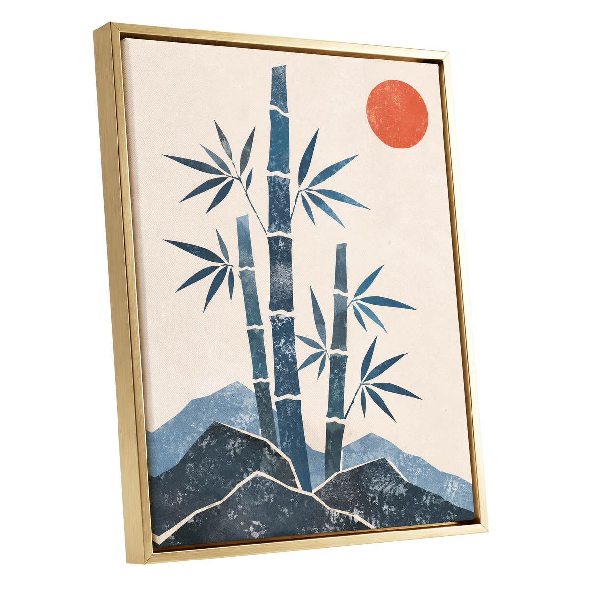 Bamboo at Sundown, blue, beige, orange nature wall art shown as a gold framed canvas wall art