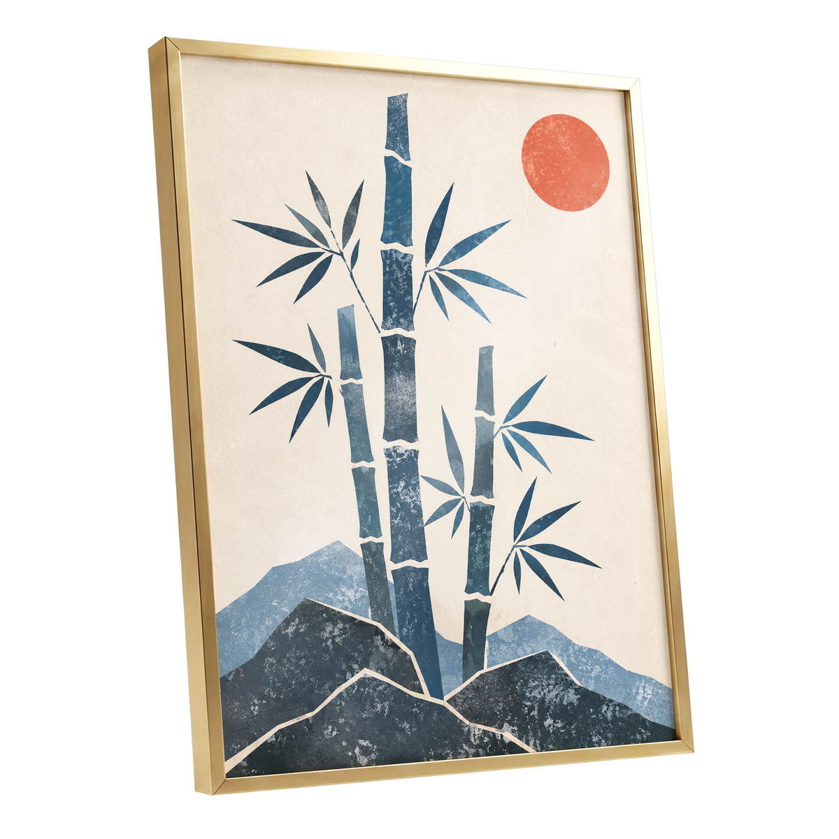 Bamboo at Sundown, blue, beige, orange nature wall art shown as a gold framed poster wall art print
