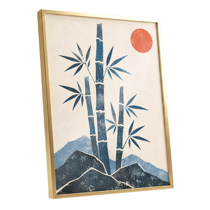 Bamboo at Sundown, blue, beige, orange nature wall art shown as a gold framed poster wall art print