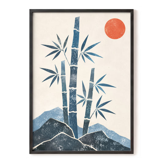 Bamboo at Sundown, blue, beige, orange nature wall art, front artwork view