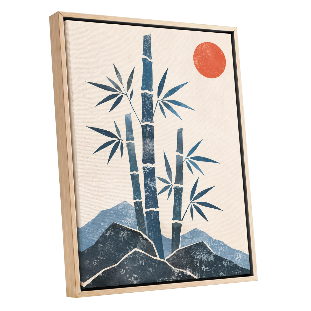 Bamboo at Sundown, blue, beige, orange nature wall art shown as a oak framed canvas wall art