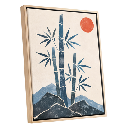 Bamboo at Sundown, blue, beige, orange nature wall art shown as a oak framed canvas wall art