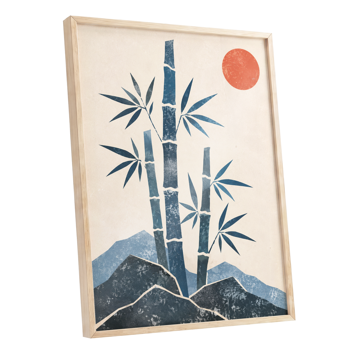 Bamboo at Sundown, blue, beige, orange nature wall art shown as a oak framed poster wall art print
