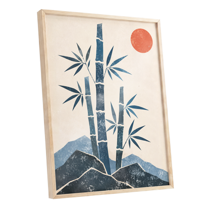 Bamboo at Sundown, blue, beige, orange nature wall art shown as a oak framed poster wall art print
