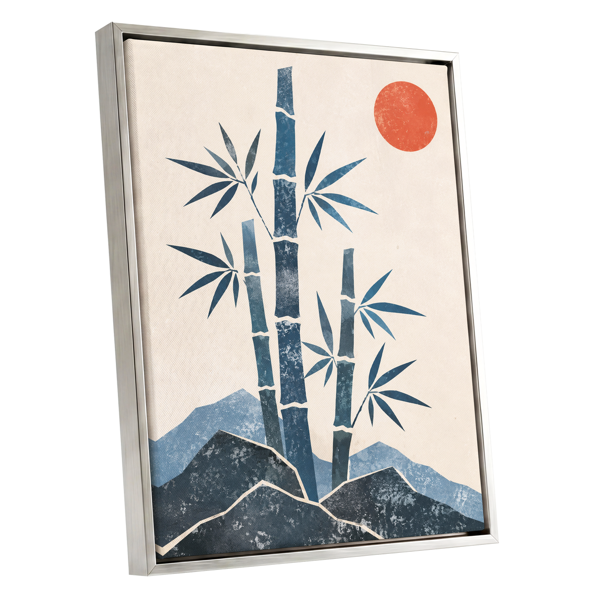Bamboo at Sundown, blue, beige, orange nature wall art shown as a silver framed canvas wall art