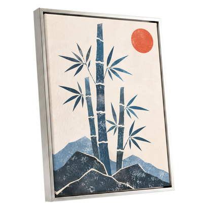 Bamboo at Sundown, blue, beige, orange nature wall art shown as a silver framed canvas wall art