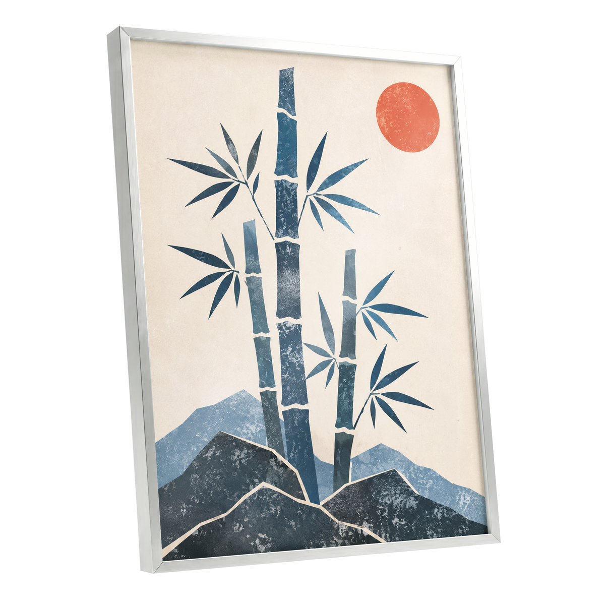Bamboo at Sundown, blue, beige, orange nature wall art shown as a silver framed poster wall art print
