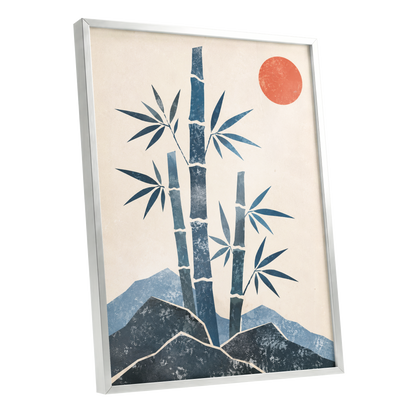 Bamboo at Sundown, blue, beige, orange nature wall art shown as a silver framed poster wall art print