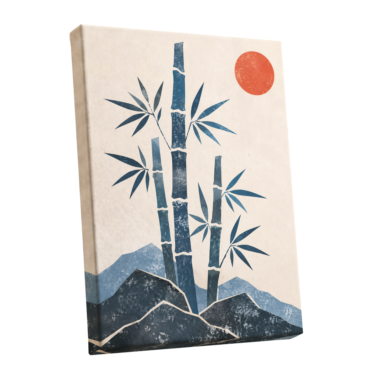 Bamboo at Sundown, blue, beige, orange nature wall art shown as a stretched canvas wall art
