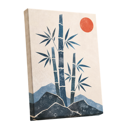 Bamboo at Sundown, blue, beige, orange nature wall art shown as a stretched canvas wall art
