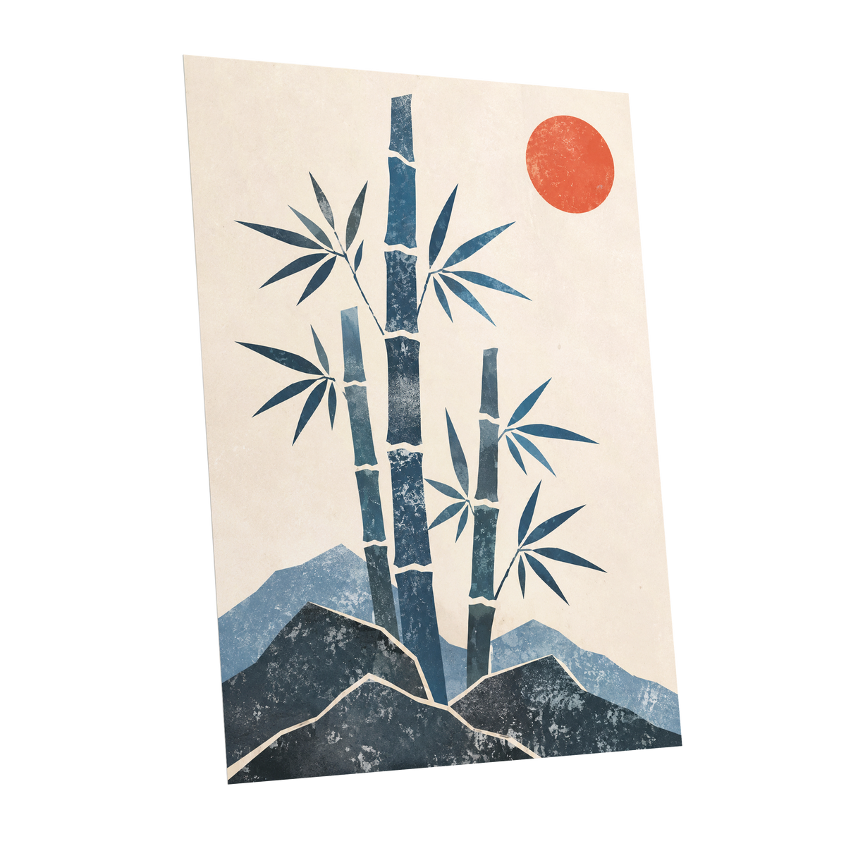 Bamboo at Sundown, blue, beige, orange nature wall art shown as a unframed poster wall art print