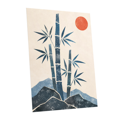 Bamboo at Sundown, blue, beige, orange nature wall art shown as a unframed poster wall art print