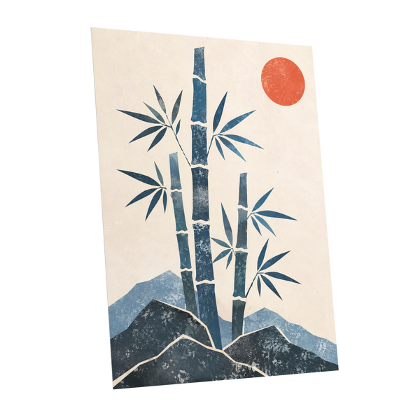 Bamboo at Sundown, blue, beige, orange nature wall art shown as a unframed poster wall art print