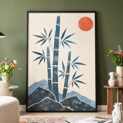 Bamboo at Sundown, blue, beige, orange nature wall art displayed in a styled interior, gallery view 2