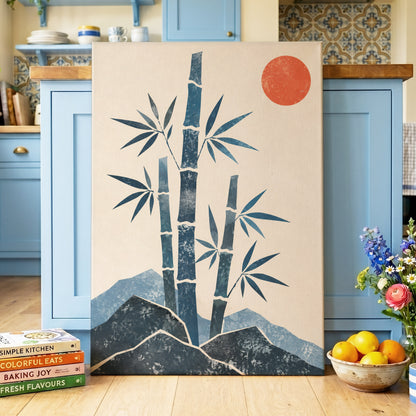 Bamboo at Sundown, blue, beige, orange nature wall art displayed in a styled interior, gallery view 3