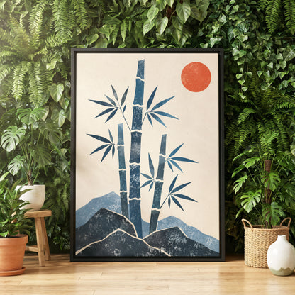 Bamboo at Sundown, blue, beige, orange nature wall art displayed in a styled interior, gallery view 4