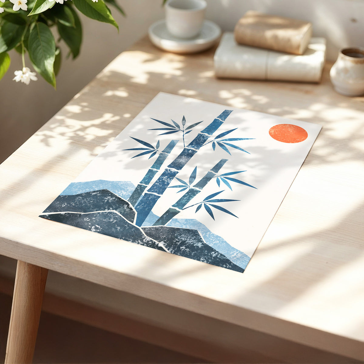 Bamboo at Sundown, blue, beige, orange nature wall art displayed in a styled interior, gallery view 5