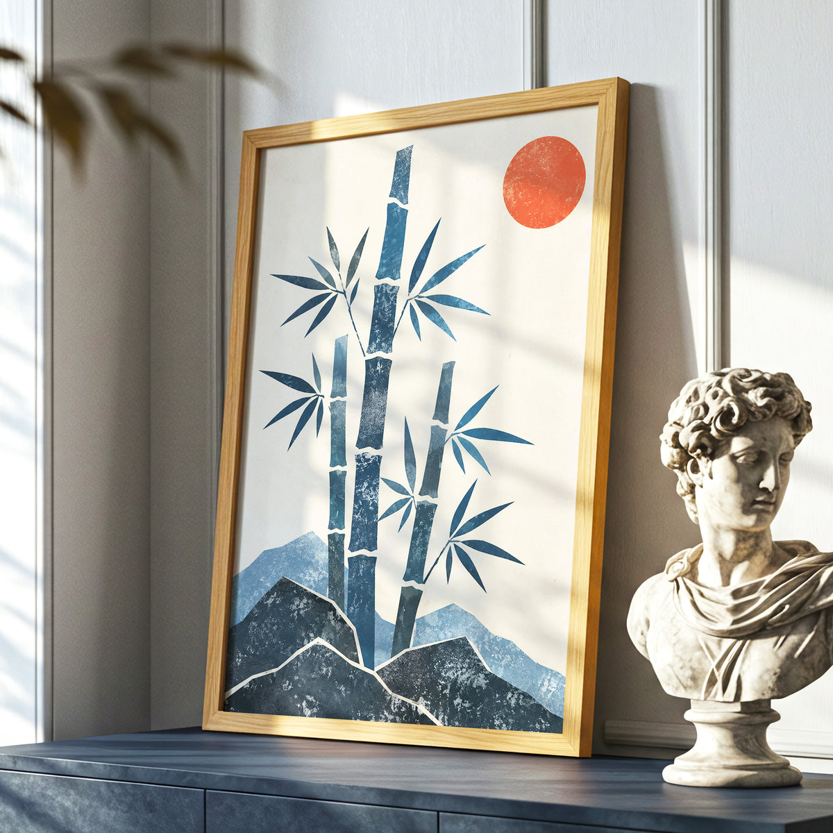 Bamboo at Sundown, blue, beige, orange nature wall art displayed in a styled interior, gallery view 6