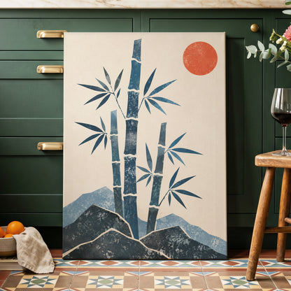 Bamboo at Sundown, blue, beige, orange nature wall art displayed in a styled interior, gallery view 7