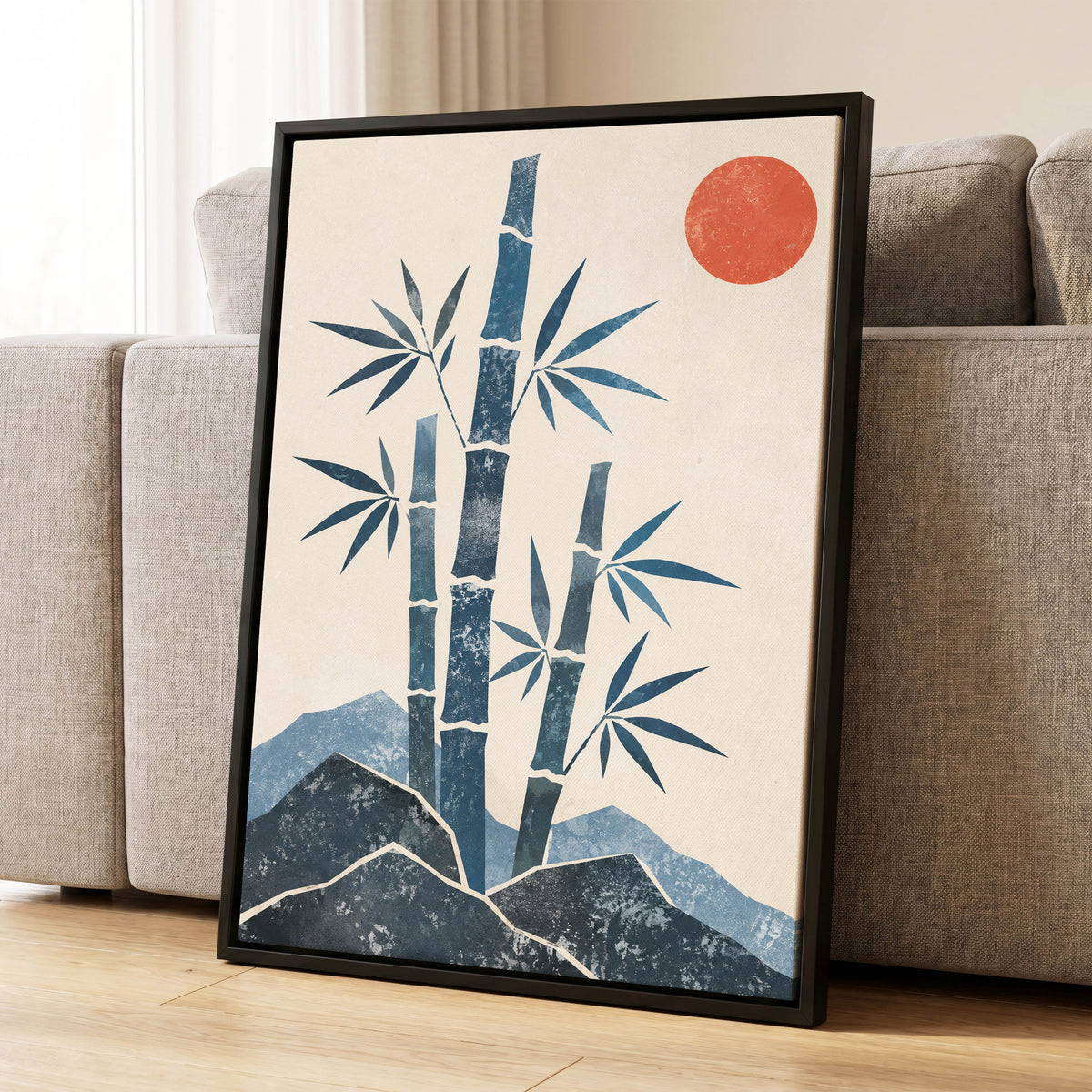 Bamboo at Sundown, blue, beige, orange nature wall art displayed in a styled interior, gallery view 8