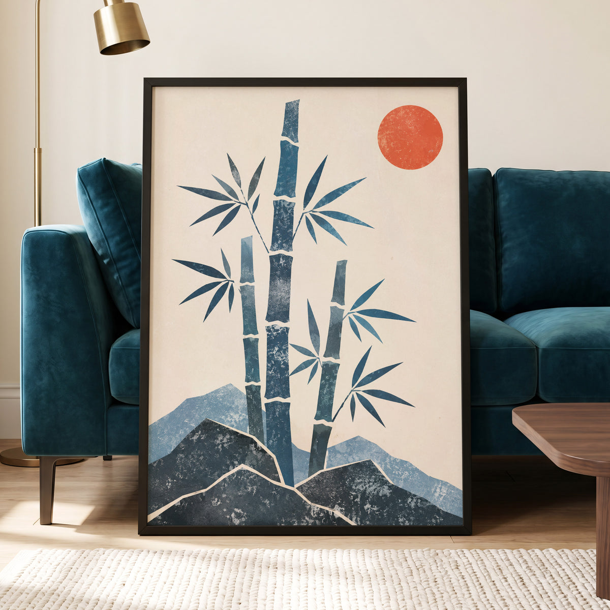 Bamboo at Sundown, blue, beige, orange nature wall art displayed in a styled interior, gallery view 9