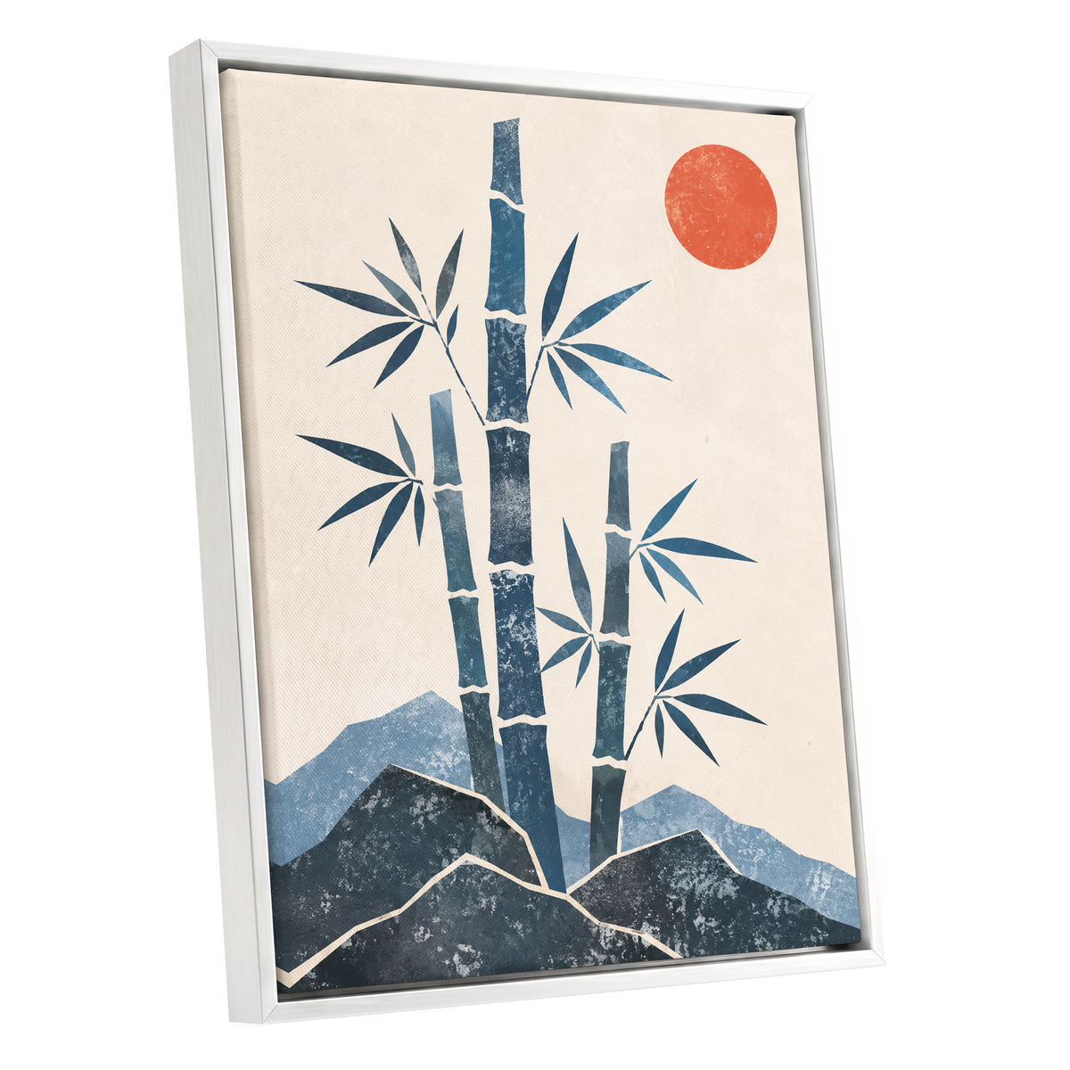 Bamboo at Sundown, blue, beige, orange nature wall art shown as a white framed canvas wall art