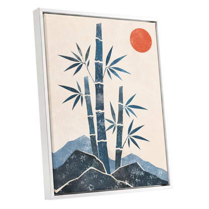 Bamboo at Sundown, blue, beige, orange nature wall art shown as a white framed canvas wall art