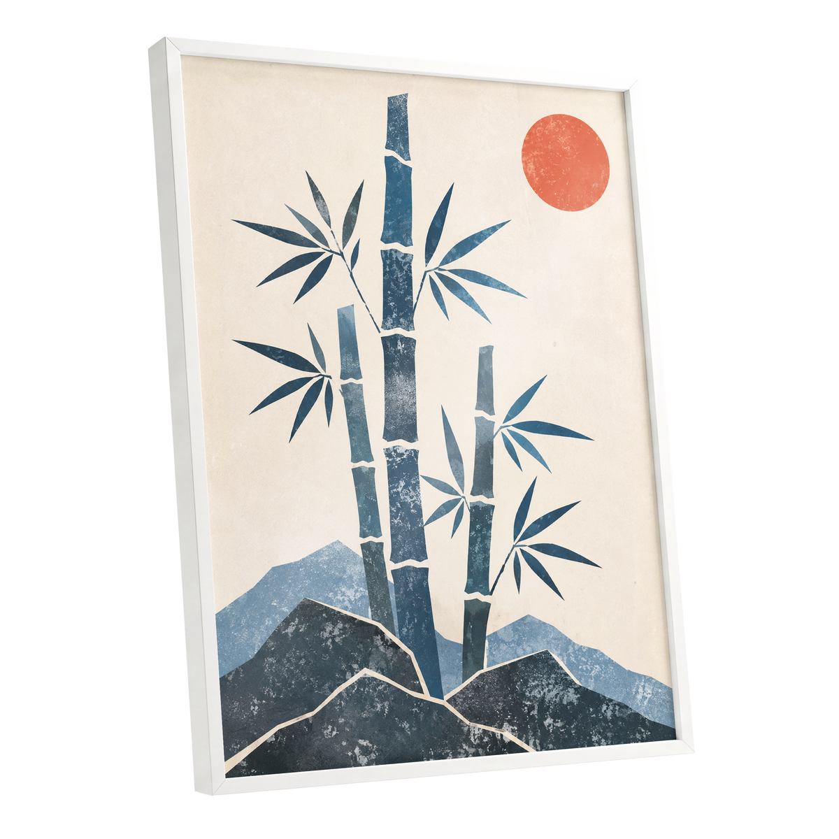 Bamboo at Sundown, blue, beige, orange nature wall art shown as a white framed poster wall art print